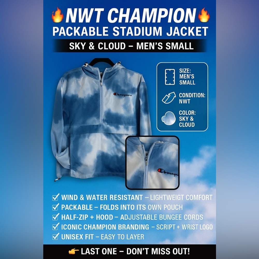 NWT Champion Packable Stadium windbreaker Jacket – Sky & Cloud dye -Men Small - Picture 2 of 14